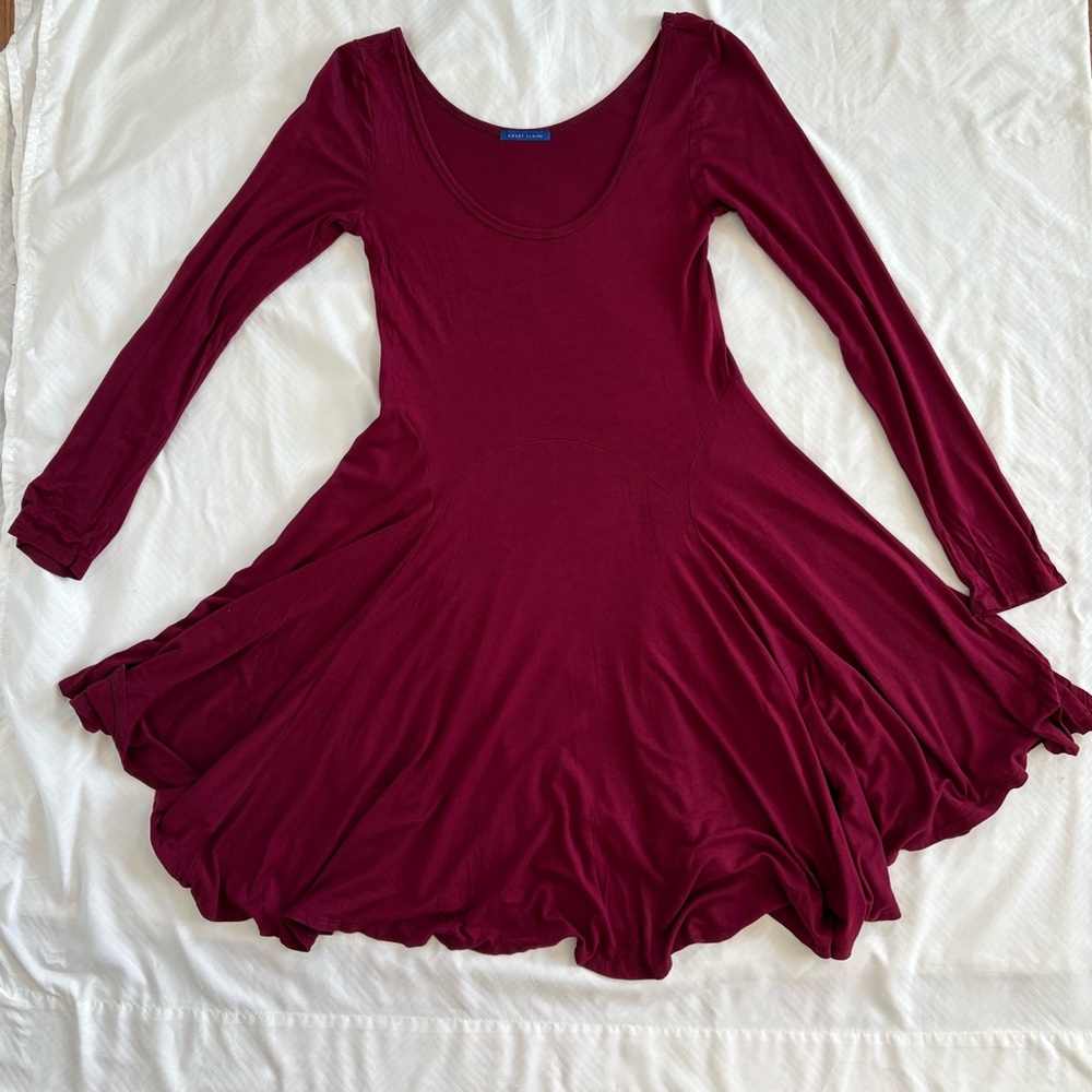 Sweet Claire Woman's Jersey Dress Maroon Long Sleeve Scoop Neck Lagenlook Boho M